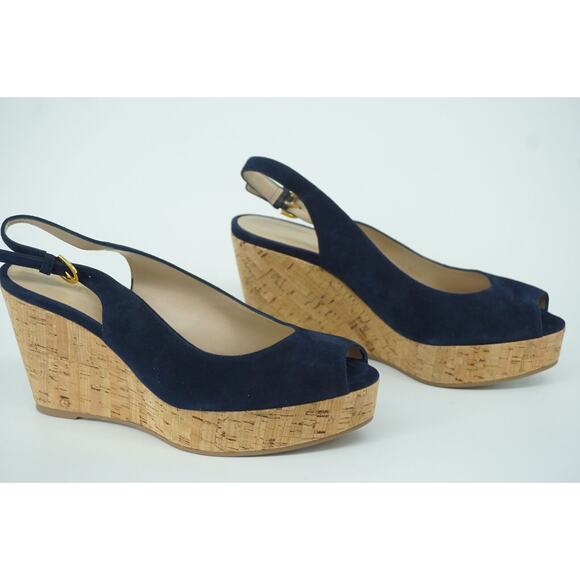 Stuart Weitzman Jean Blue Suede Slingback Cork Wedge Heel Sandal SZ 11 New - Picture 6 of 9